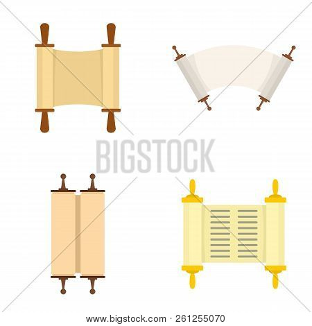 Torah Scroll Book Bible Shavuot Icons Set. Flat Illustration Of 4 Torah Scroll Book Bible Shavuot Ic