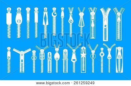 Zipper Puller Lock Icons Set. Simple Illustration Of 32 Zipper Puller Button Lock Icons For Web