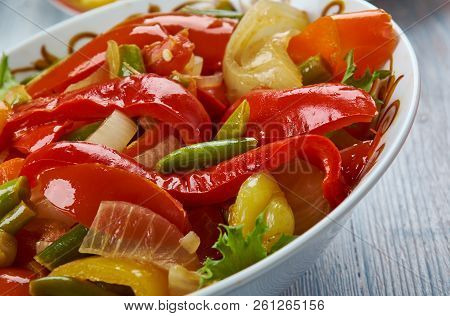 Suoman Gush Siz, Delicious Dish Of Vegetables, Peppers. Uyghur Cuisine,  Asia Traditional Assorted D