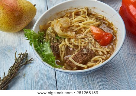 Xinjiang-style Noodle Soup, Uyghur Cuisine,  Asia Traditional Assorted Dishes, Top View