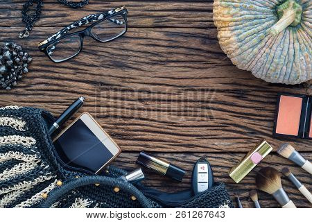 Feminine Beauty Accessories Cosmetic Fashion Flat Lay On Grunge Wood With Gruge  Pumpkin For Hallowe