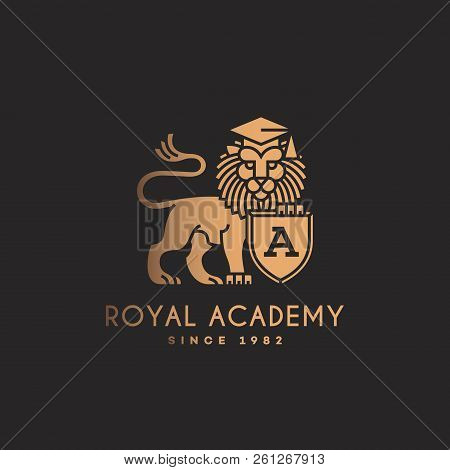 Golden Lion Logo Template Design With A Shield For Schools, Colleges, Universities, Academies. Vecto