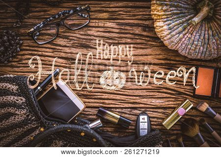 Feminine Beauty Accessories Cosmetic Fashion Flat Lay On Grunge Wood With Gruge  Pumpkin For Hallowe