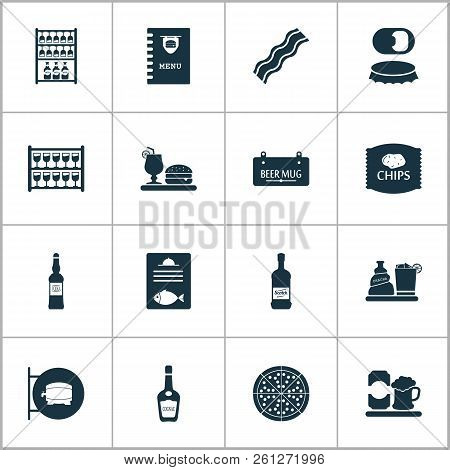 Beverages Icons Set With Pizza, Ale Mug, Stand With Glasses Beverage Elements. Isolated Vector Illus