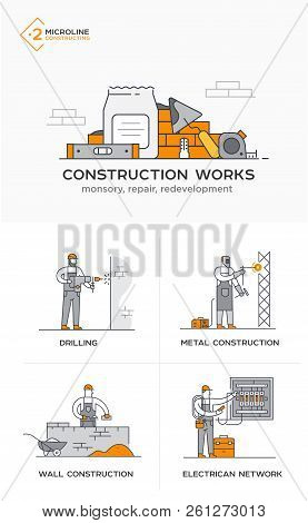Builders, Masonry, Metal Structures, Electricity, Walls. Stages Of Construction. Lined Icon Icons. A