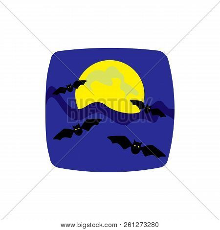 Halloween. Night View Of Glowing Full Moon And Flying Bats. Cartoon. Vector Illustration.