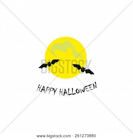 Halloween Poster, Banner. Icon Of Flying Bat. Black Bat. Silhouette. Night View Of Full Moon And Fly