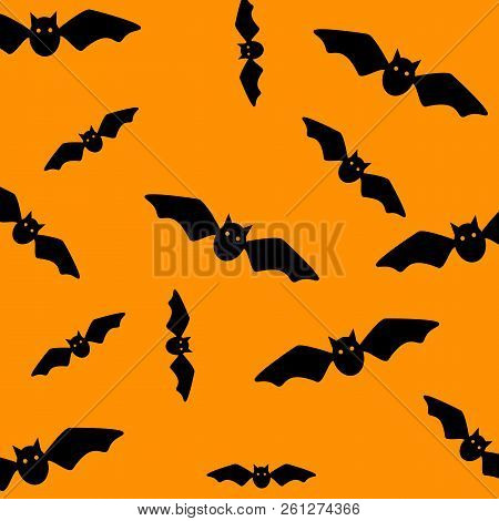Halloween Symbol. Pattern Of Flying Bats. Black Bats On Orange Background. Silhouette. Cartoon. Vect