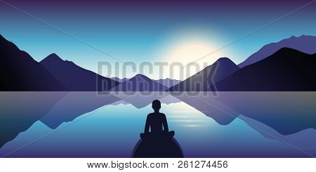 Person Enjoy The Silence At Lake With Mountain View In The Dusk Vector Illustration Eps10