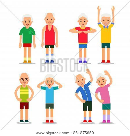 Active Seniors. Old Men And Women In Different Gym Poses. Happy Active Older Couple. Healthy Lifesty