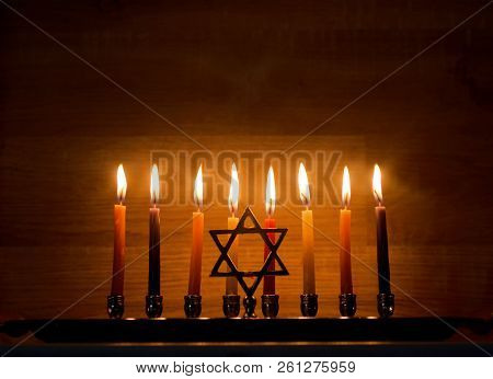 Hanukkah Is A Jewish Holiday. Burning Chanukah Candlestick With Candles. Chanukiah Menorah.