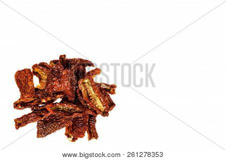 Sun Dried Red Tomatoes Isolated On White Background, Copy Space Template