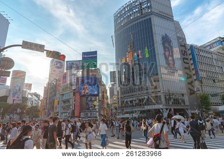 Shibuya, Tokyo, Japan - July 19, 2018: Pedestrians Crosswalk At Shibuya District In Tokyo, Japan. Sh