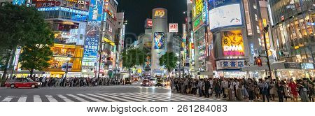 Shibuya, Tokyo, Japan - April 30, 2018: Pedestrians Crosswalk At Shibuya District In Tokyo, Japan. S