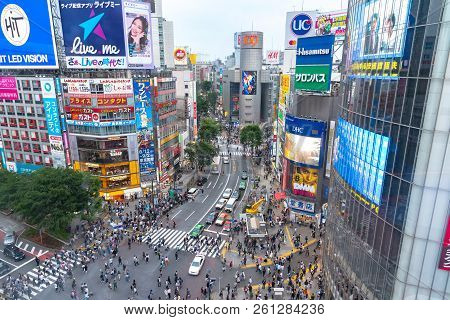 Shibuya, Tokyo, Japan - April 30, 2018: Pedestrians Crosswalk At Shibuya District In Tokyo, Japan. S