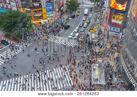 Shibuya, Tokyo, Japan - April 30, 2018: Pedestrians Crosswalk At Shibuya District In Tokyo, Japan. S