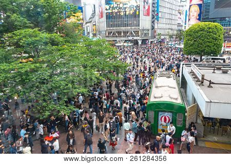 Shibuya, Tokyo, Japan - April 30, 2018: Pedestrians Crosswalk At Shibuya District In Tokyo, Japan. S