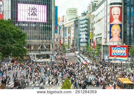Shibuya, Tokyo, Japan - April 30, 2018: Pedestrians Crosswalk At Shibuya District In Tokyo, Japan. S