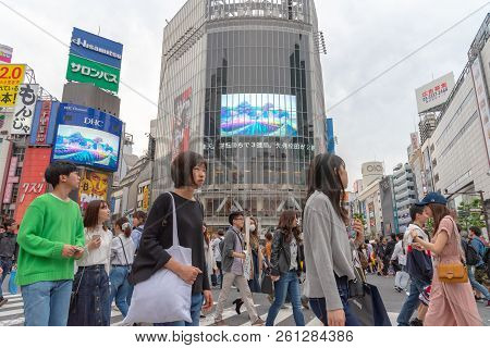 Shibuya, Tokyo, Japan - April 30, 2018: Pedestrians Crosswalk At Shibuya District In Tokyo, Japan. S