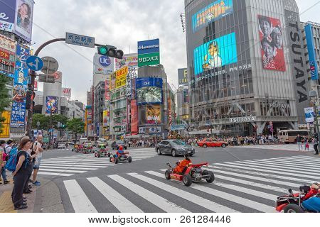 Shibuya, Tokyo, Japan - April 30, 2018: Mario Kart On Shibuya District In Tokyo, Japan. Shibuya Cros