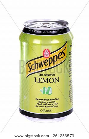 Novyy Urengoy, Russia - October 2, 2018: Aluminium Can Of The Schweppes Lemon Isolated Over White Ba