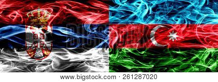 Serbia Vs Azerbaijan, Azerbaijani Smoke Flags Placed Side By Side. Thick Colored Silky Smoke Flags O