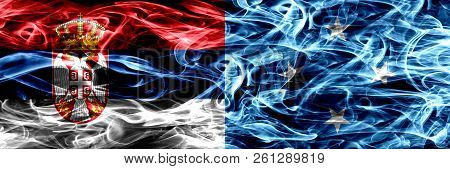 Serbia Vs Micronesia, Micronesian Smoke Flags Placed Side By Side. Thick Colored Silky Smoke Flags O