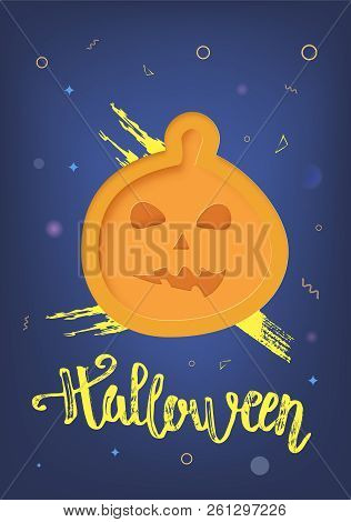 Halloween  Template With Pumpkin Paper Cut Shape  Decoration. Vertical  Banner. Element For Holiday 