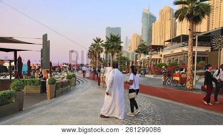 Dubai, Uae - May 08, 2018: Dubai Marina Promenade At Sunset. .dubai Marina Skyscrapers View, Dubai, 
