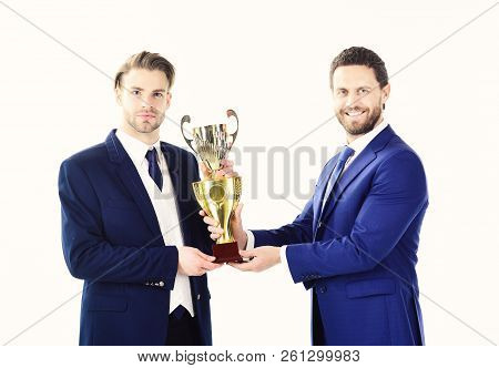 Business Victory, Support, Partership Concept. Businessman With Confedent Face Receives Prize. Award