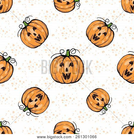 Vector Hand Drawn Pumpkin With Smiling Face, Seamless Pattern For Halloween