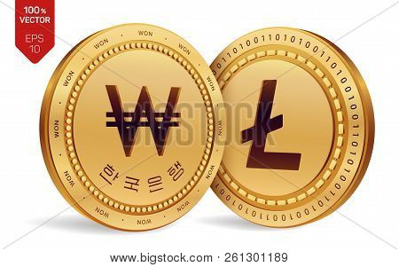 Litecoin. Won. 3d Isometric Physical Coins. Digital Currency. Korea Won Coin. Cryptocurrency. Golden