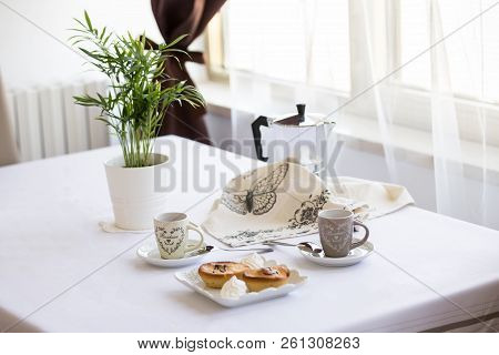 Italian Breakfast: Coffee, Croissants, Pasticiotto Leccese On The Table, White Background In The Kit