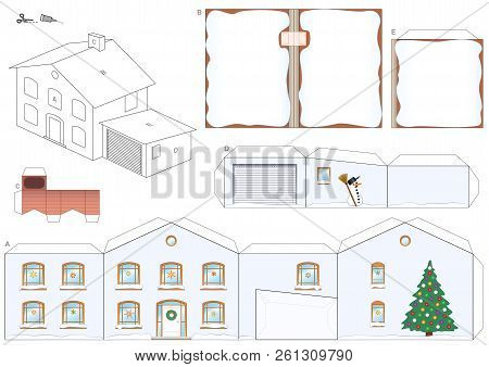 Paper Model Of A House In Winter With Christmas Tree, Snowman And Snowy Roofs And A Chimney For Sant