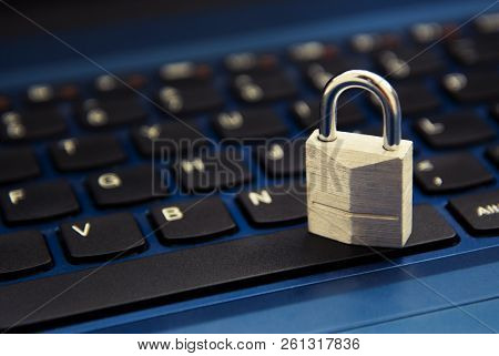 Cyber Safety Concept, Padlock On Laptop Keyboard. Internet Addiction.