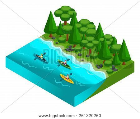 Isometric Landscape Of Rest, Friends On Weekends Ride On Canoe, Kayaks, Fresh Air, Picnic, Day Off, 