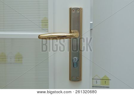 Close-up Elements Of The Interior Of The Apartment. Detail Of A White Interior Door With A Golden Do