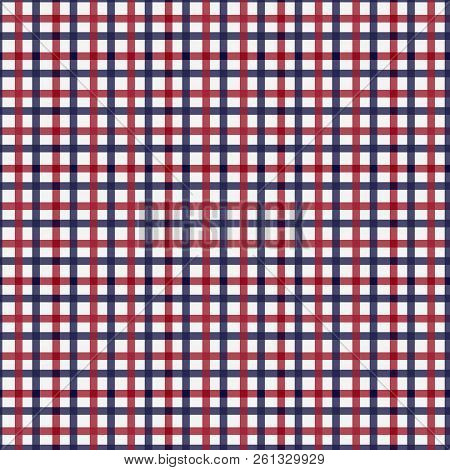 Seamless Tartan Plaid Vector Pattern. Twill Texture In Stripes Of Dark Red, Bright Red Blue On White