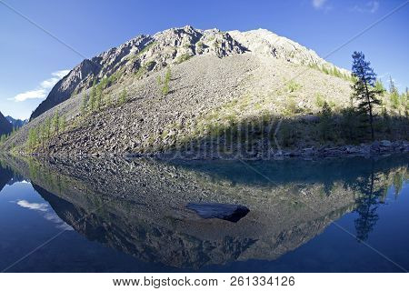 Reflection Of The Shore Of The Lake In The Watery Surface. Early Sunny Morning. The Large (lower) Sh