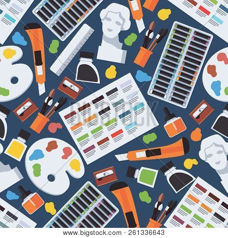 Seamless Pattern With Fine Art Objects. Artist Supplies Like Gypsum Head, Pastel, Palette, Brushes. 