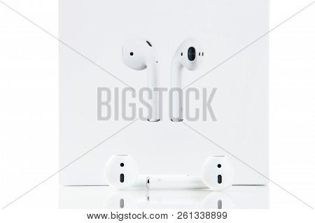 New York, Usa - October 01, 2018: Apple Airpods. Unpackage Apple Earphones With Original Box Isolate