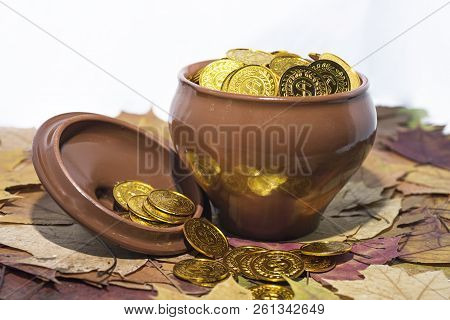 Isolated Pot With Golden Coins. Abstract Photo Of Lucky