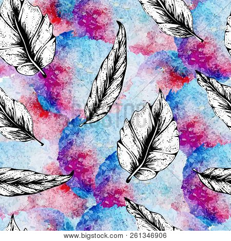Beautiful Black And White Leaves On Bright Background Seamless Pattern For Fabric, Textile, Texture,