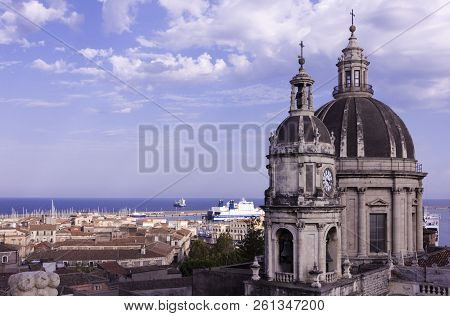 Catania, Sicily - August 08, 2018: Domes Of The Cathedral Dedicated To Saint Agatha. The View Of The
