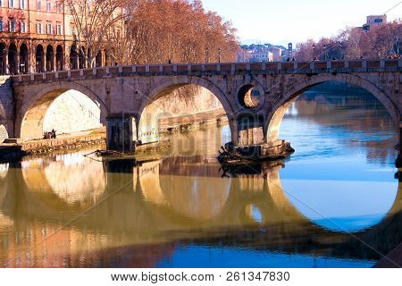 Ponte-sisto Bridge Over The Tiber River, Located In The Historic Center Of Rome In Italy.