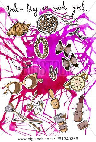Beautiful Colorful Background Of Female Things - Braslet, Lipstick And Nail Polish. Hand-drawn Illus