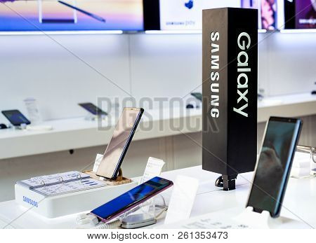 Minsk, Belarus, September 1, 2018: Showcase Samsung Galaxy With A Branded Store.