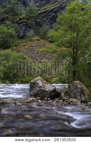 Large Rock In The Stalheimselvi River Near The Norwegian Village Stalheim The Municipality Voss In H