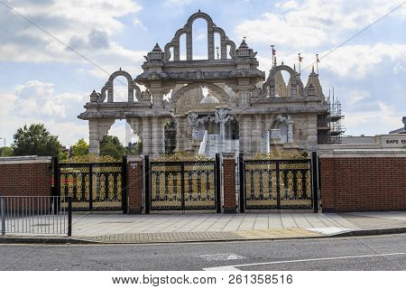 London, Great Britain - September 21, 2014: This Is The Main Gate Of The Hindu Temple Of Shri Swamin