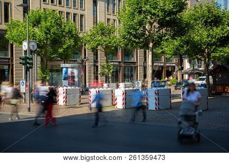 Frankfurt Germany, June 28th 2018, Concrete Bollards Blocks At The Beginning Of The Grosse Bockenhei